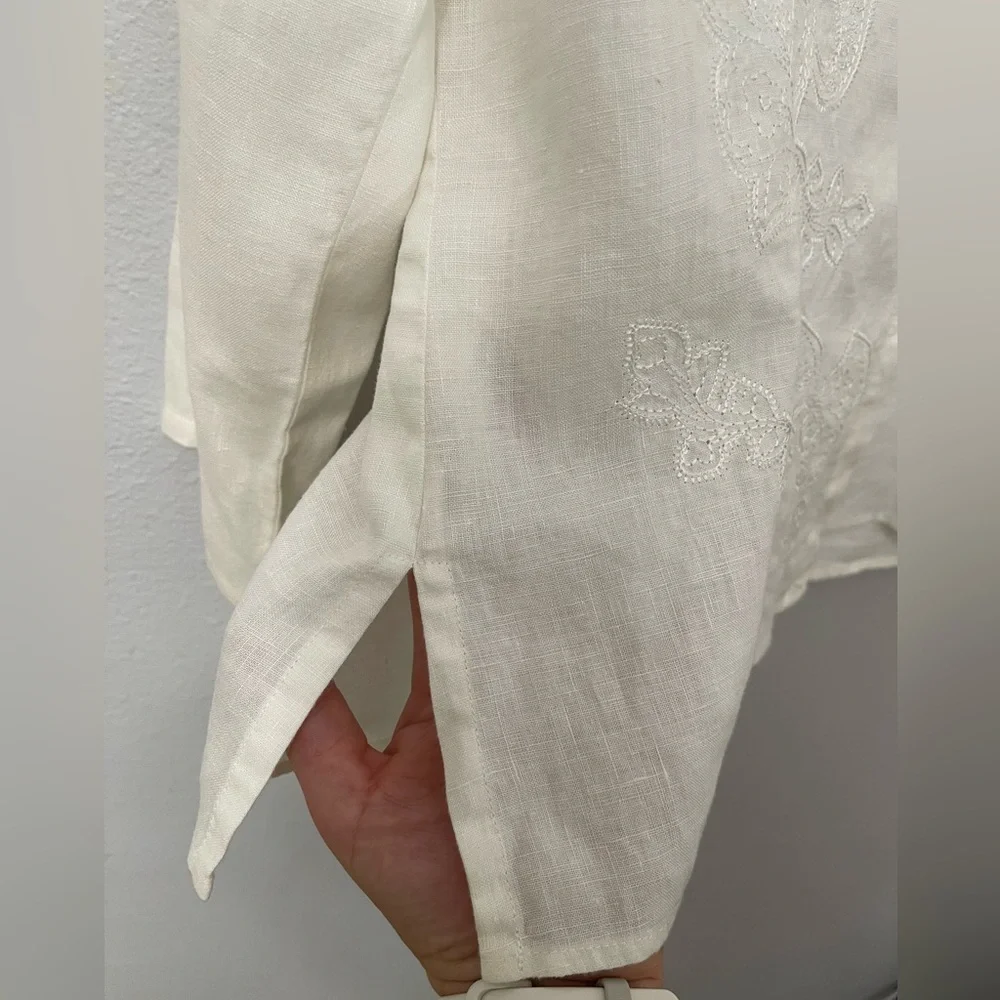Liz Claiborne Linen Button Down Embroidered Cream Blouse Size M - Picture 8 of 11